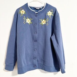 Vintage Speculation Floral Flower Embroidered Blue Button front Sweatshirt